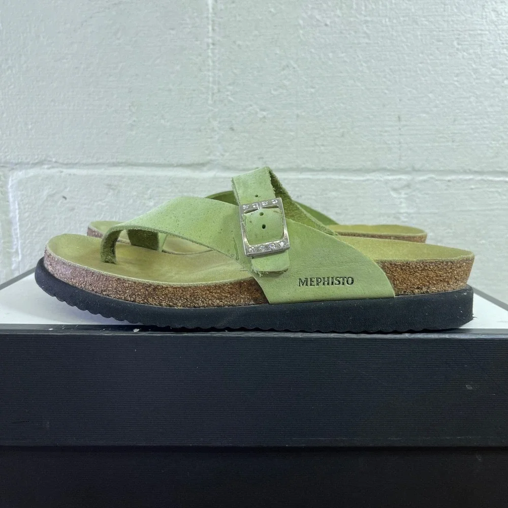 Mephisto Helen Sandals Lime Green‎ Nubuck Buckle Cork Slip On Womens 41 EU/11 US